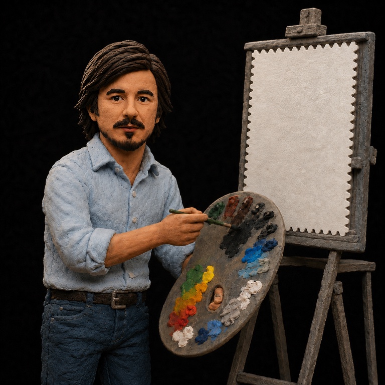 Vlad The Painter beside a blank canvas